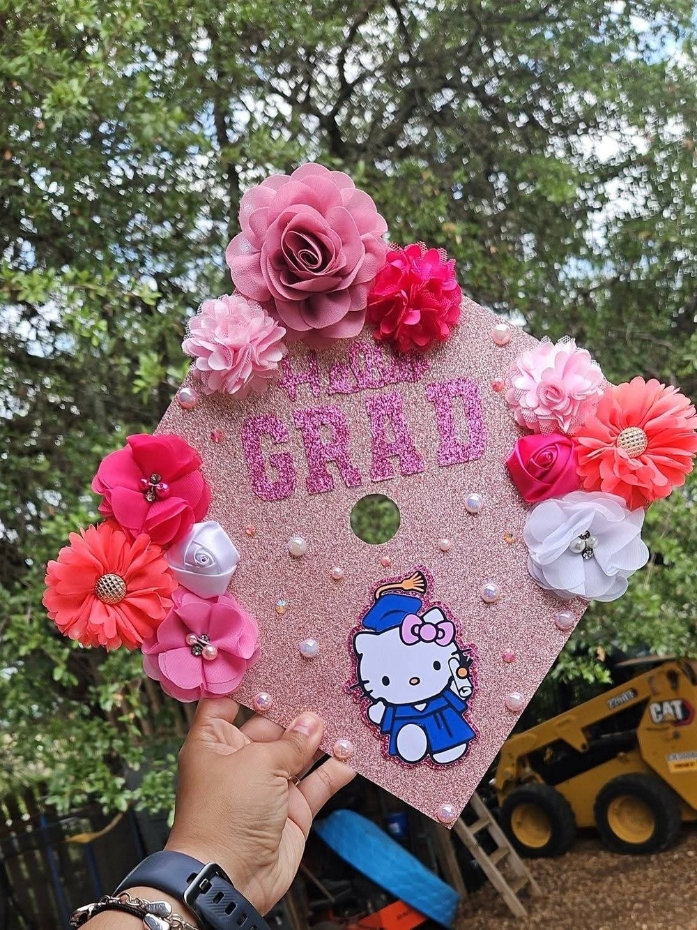 Hello Kitty Pink Glitter Graduation Cap Topper with Floral Accents